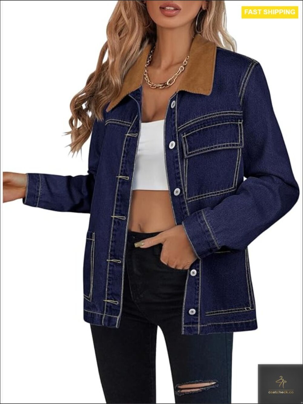 Oversized Denim Jacket Women Corduroy Collar Casual Loose Fit Barn Style